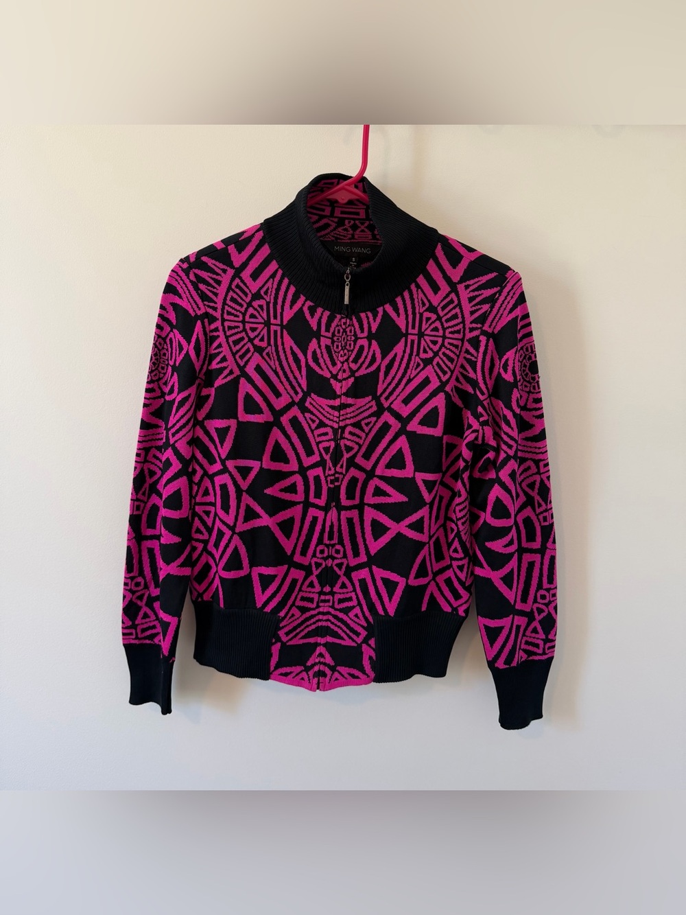 Ming Wang Full Zip Sweater Pink Black Women’s Size Small Shoulder Pads
